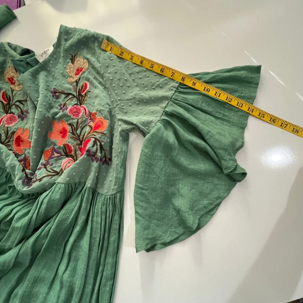 Umgee Floral Embroidered Mini Dress Tunic Womens Sz L Green Boho Garden Wedding - Picture 5 of 11